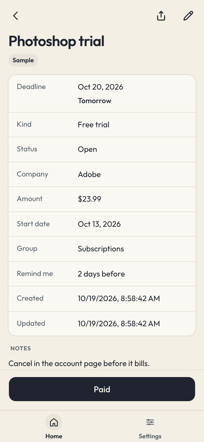 A sample Lapse record with its deadline, details, and reminder controls